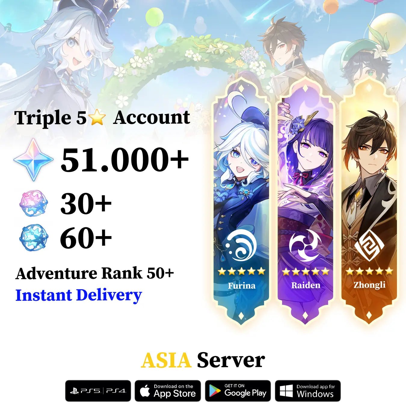 Triple 5 Star with 30.000 Primogems - Genshin Reroll Account [Asia] - Genshin Accounts