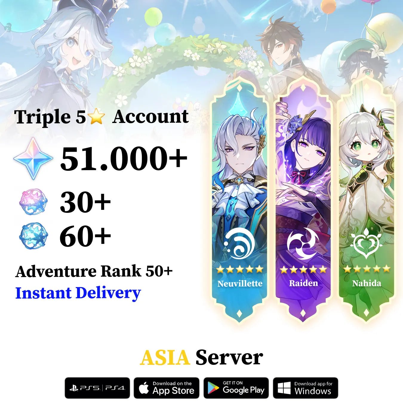 Triple 5 Star with 30.000 Primogems - Genshin Reroll Account [Asia] - Genshin Accounts