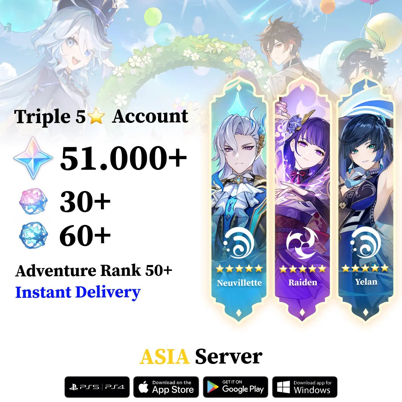 Triple 5 Star with 30.000 Primogems - Genshin Reroll Account [Asia] - Genshin Accounts