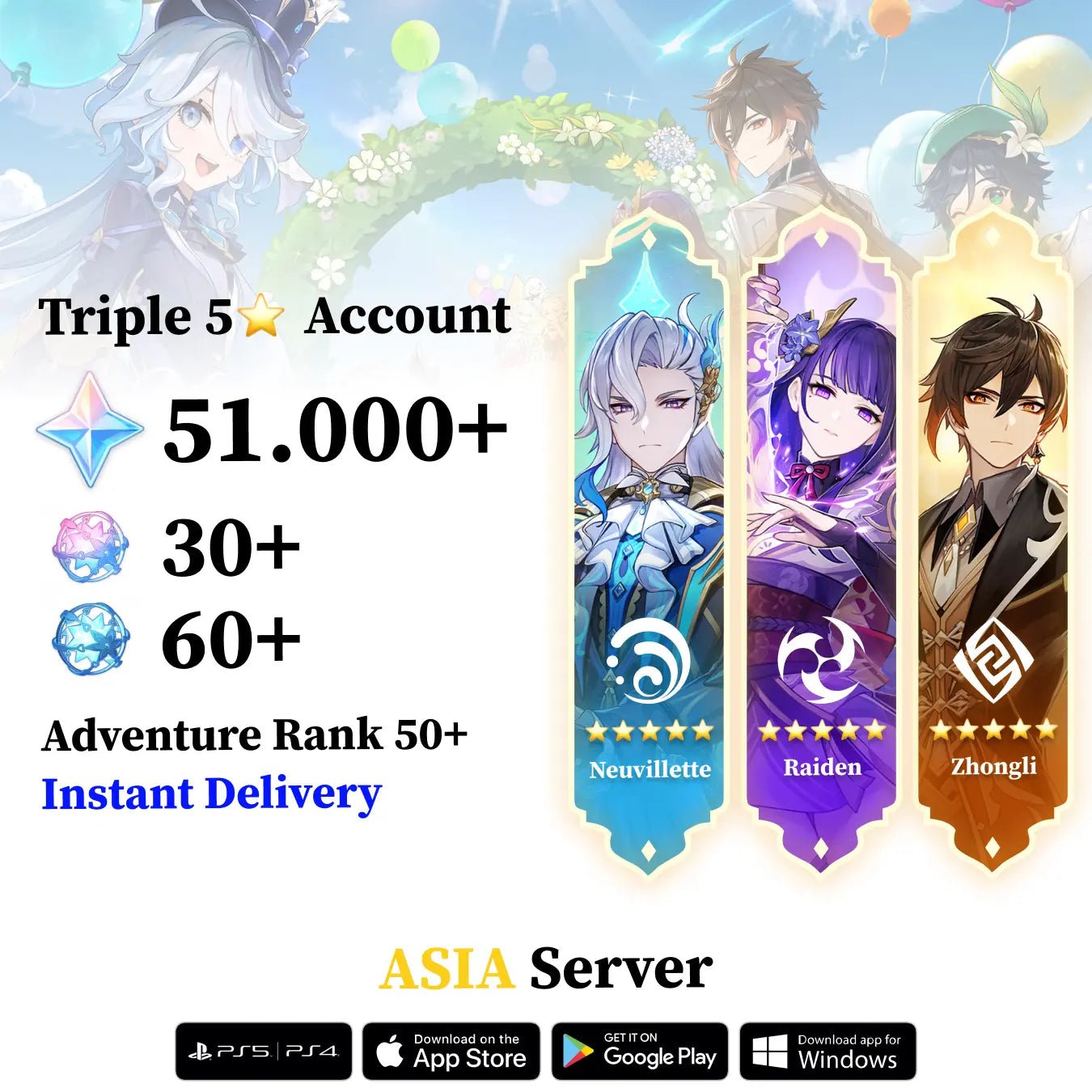 Triple 5 Star with 30.000 Primogems - Genshin Reroll Account [Asia] - Genshin Accounts