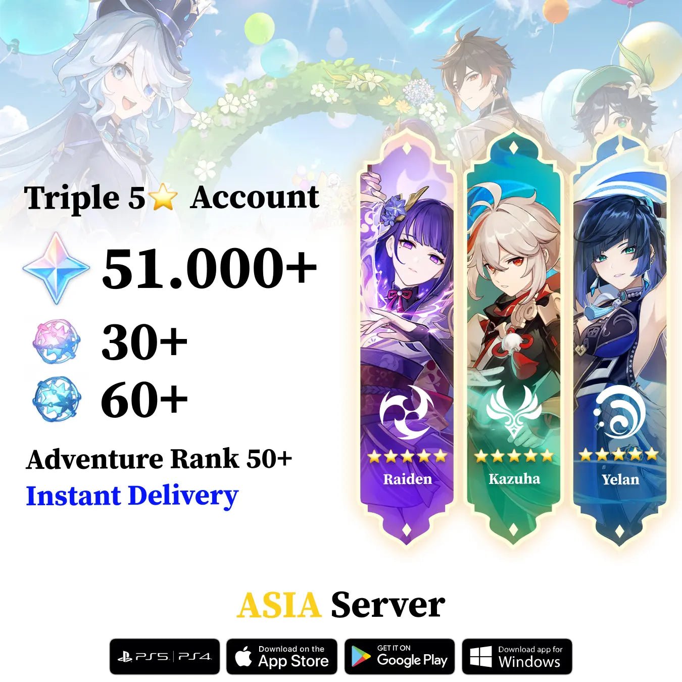 Triple 5 Star with 30.000 Primogems - Genshin Reroll Account [Asia] - Genshin Accounts