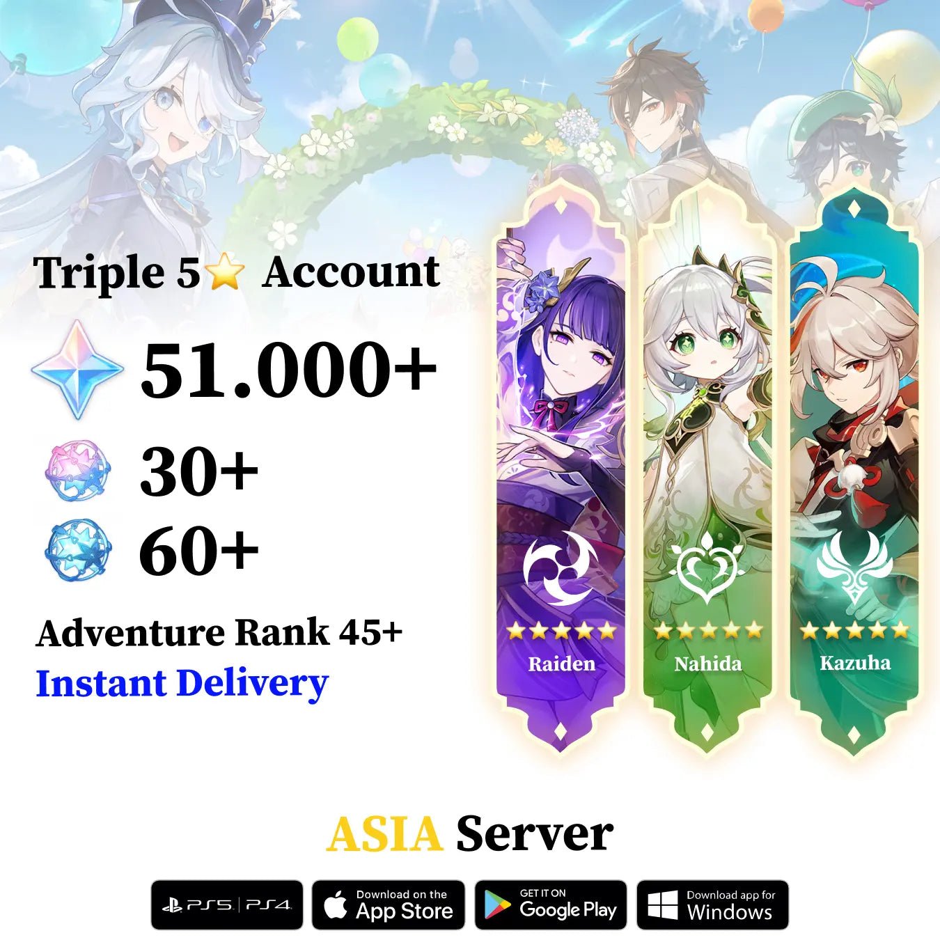 Triple 5 Star with 30.000 Primogems - Genshin Reroll Account [Asia] - Genshin Accounts