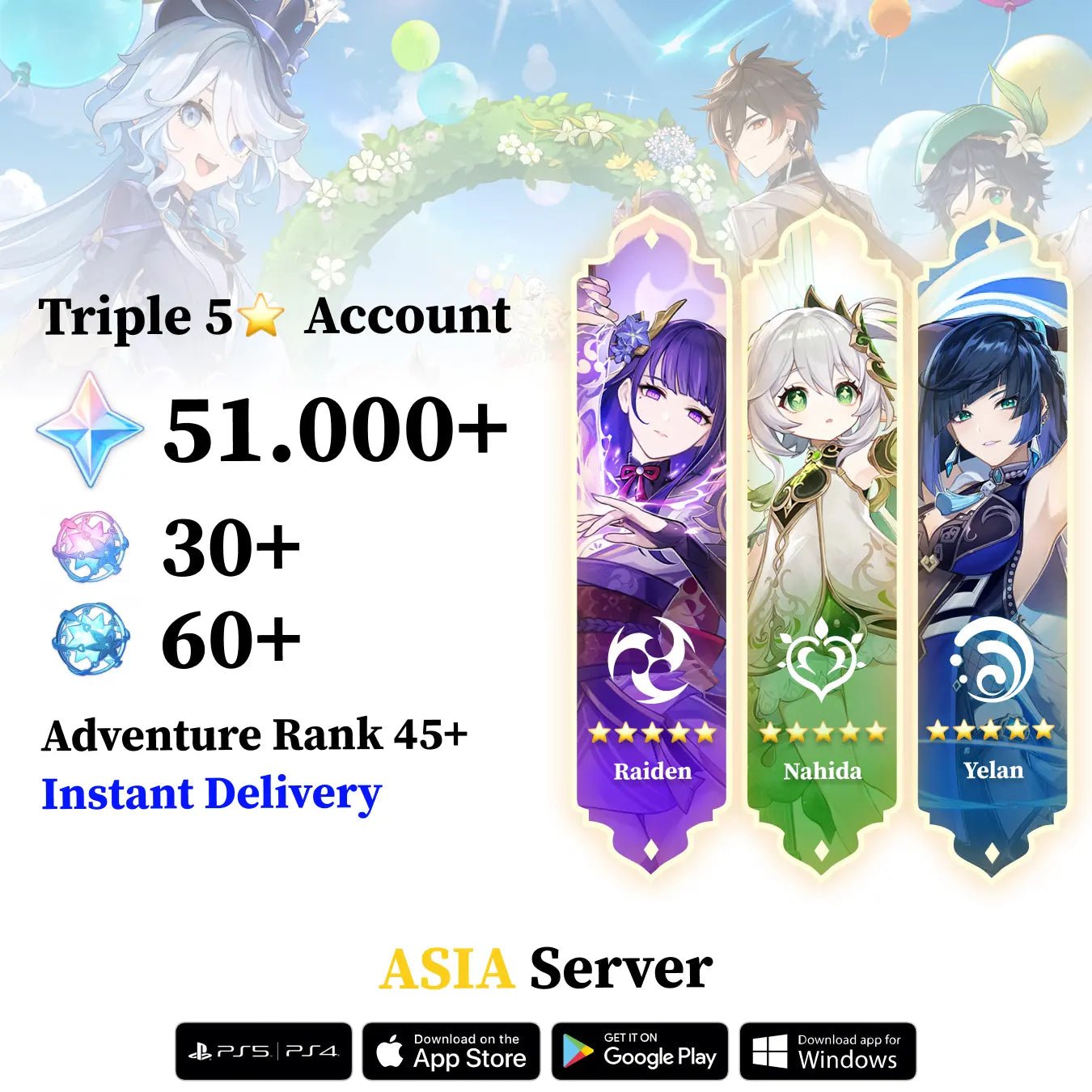 Triple 5 Star with 30.000 Primogems - Genshin Reroll Account [Asia] - Genshin Accounts