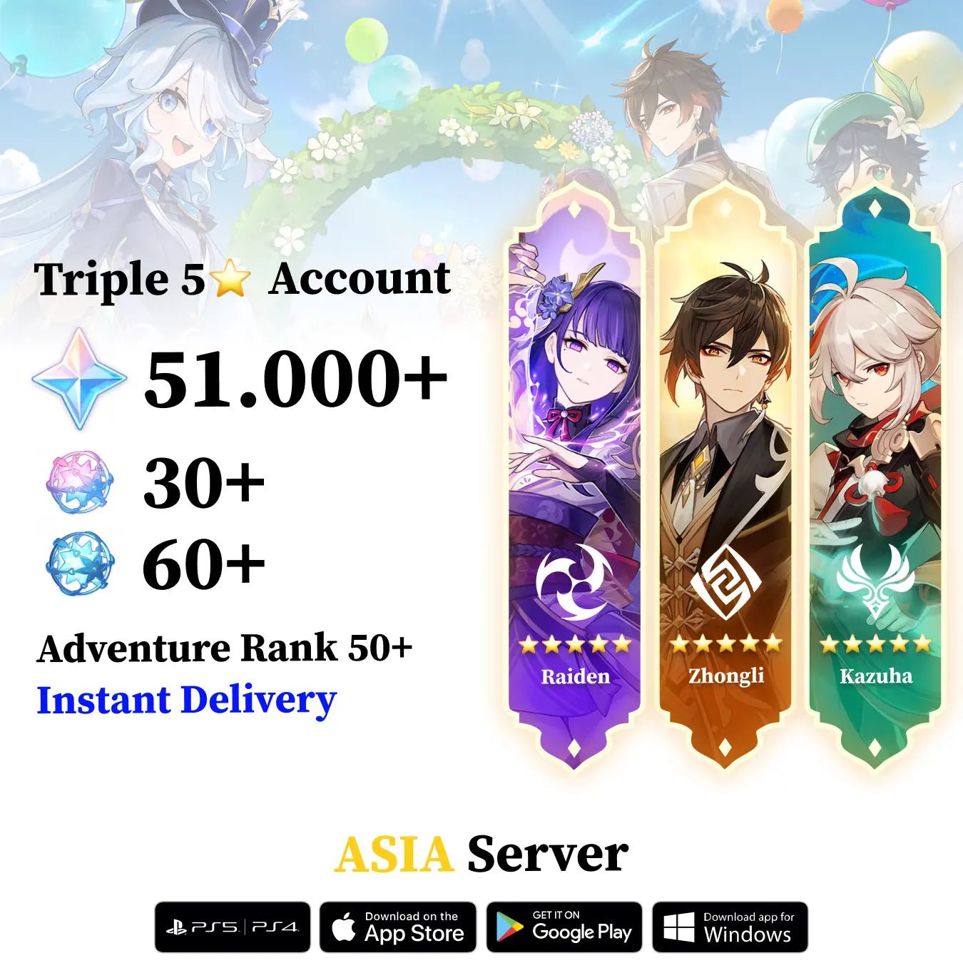 Triple 5 Star with 30.000 Primogems - Genshin Reroll Account [Asia] - Genshin Accounts