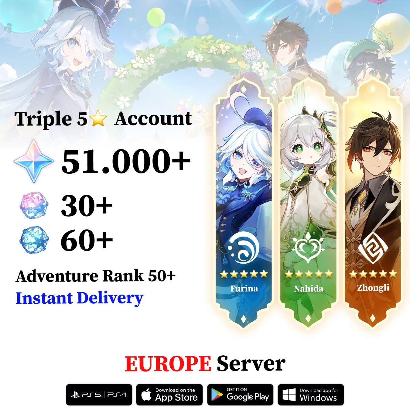 Triple 5 Star with 30.000 Primogems - Genshin Reroll Account [Europe] - Genshin Accounts