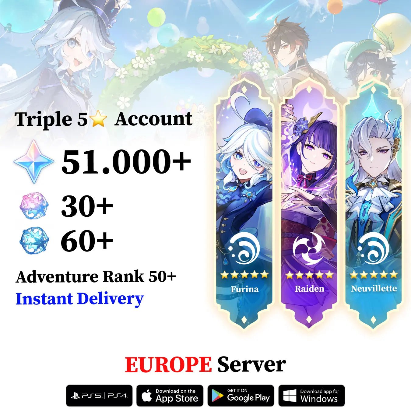 Triple 5 Star with 30.000 Primogems - Genshin Reroll Account [Europe] - Genshin Accounts