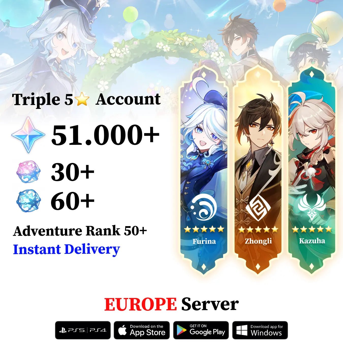 Triple 5 Star with 30.000 Primogems - Genshin Reroll Account [Europe] - Genshin Accounts