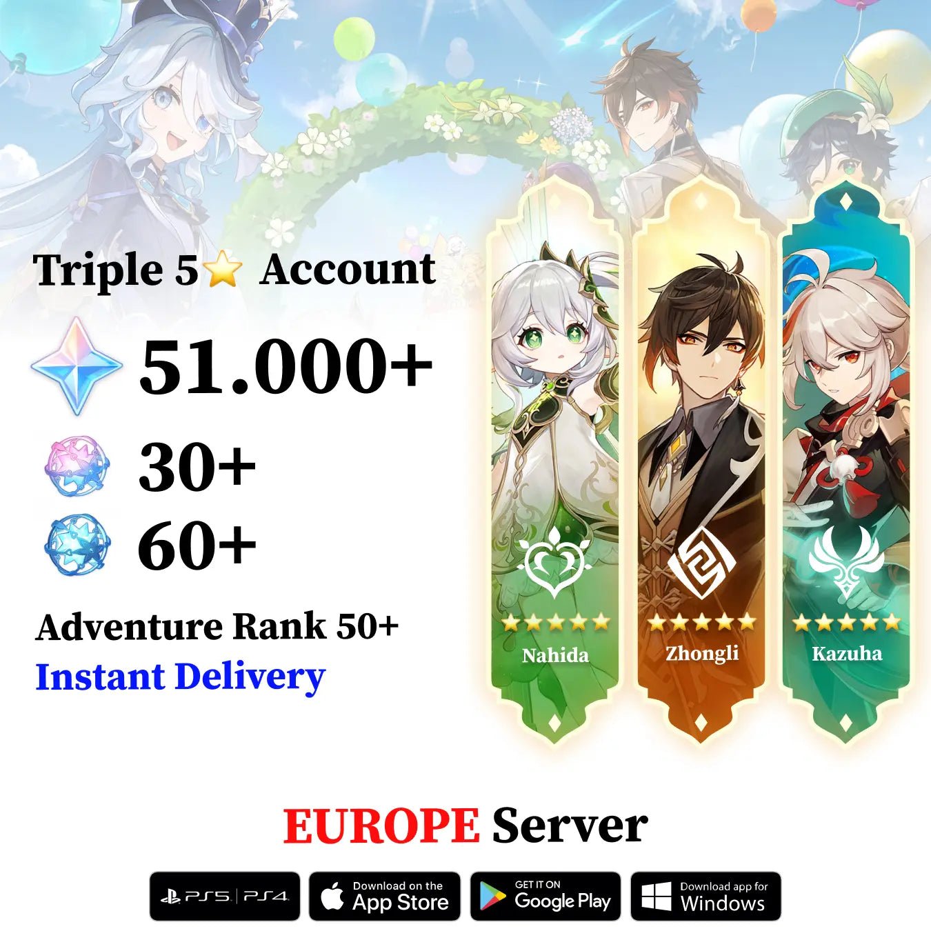 Triple 5 Star with 30.000 Primogems - Genshin Reroll Account [Europe] - Genshin Accounts