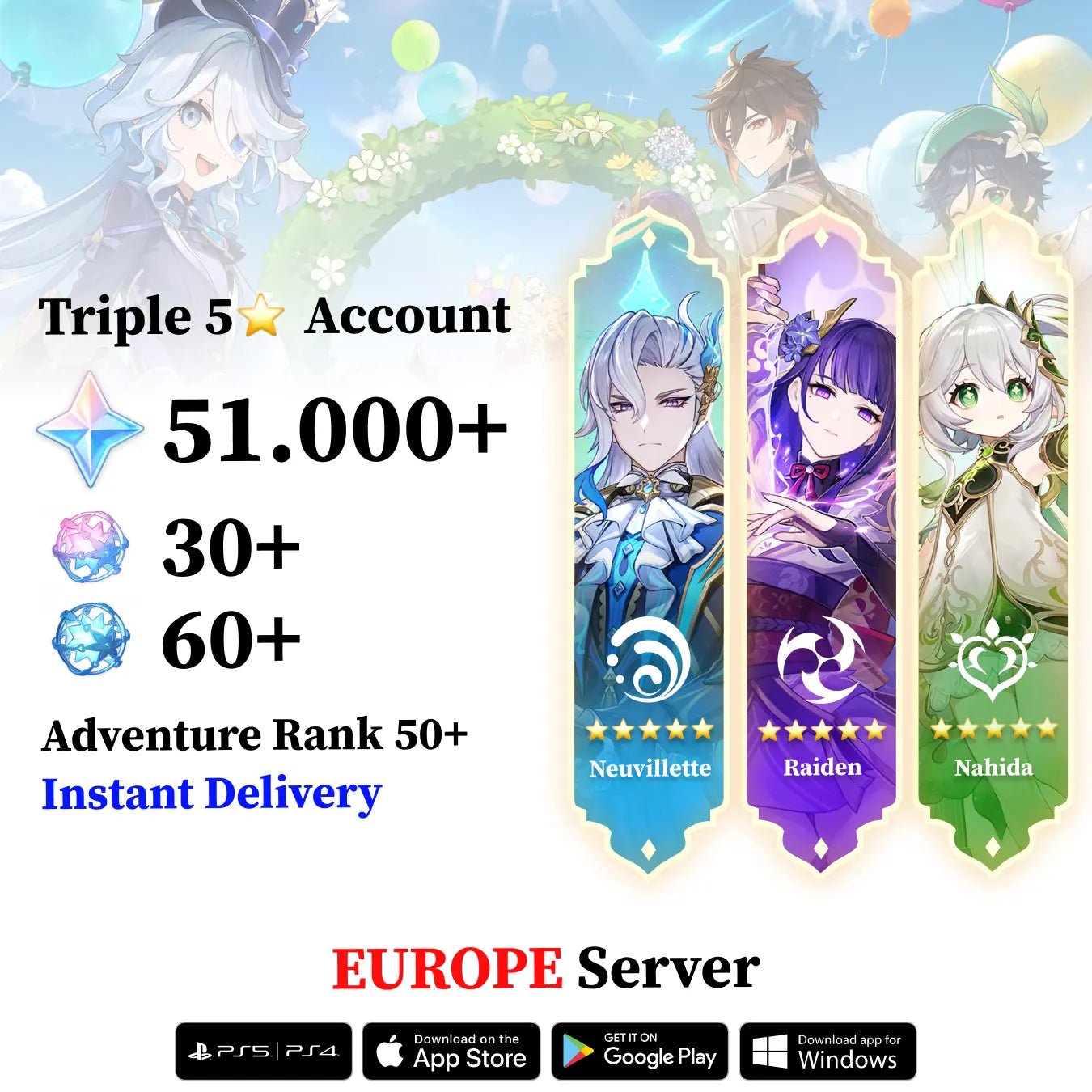 Triple 5 Star with 30.000 Primogems - Genshin Reroll Account [Europe] - Genshin Accounts