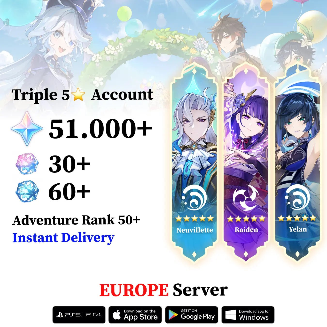 Triple 5 Star with 30.000 Primogems - Genshin Reroll Account [Europe] - Genshin Accounts