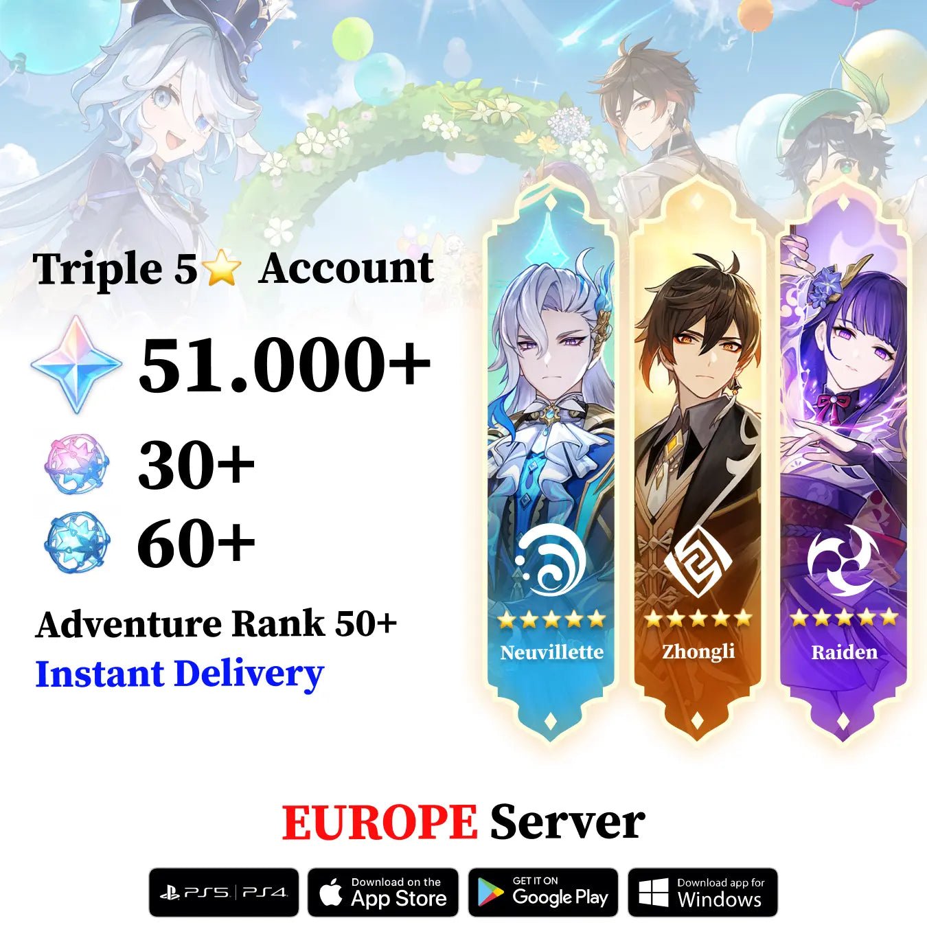 Triple 5 Star with 30.000 Primogems - Genshin Reroll Account [Europe] - Genshin Accounts