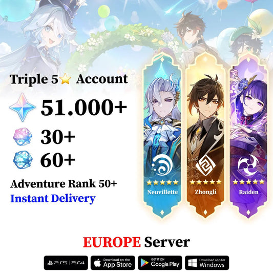 Triple 5 Star with 30.000 Primogems - Genshin Reroll Account [Europe] - Genshin Accounts