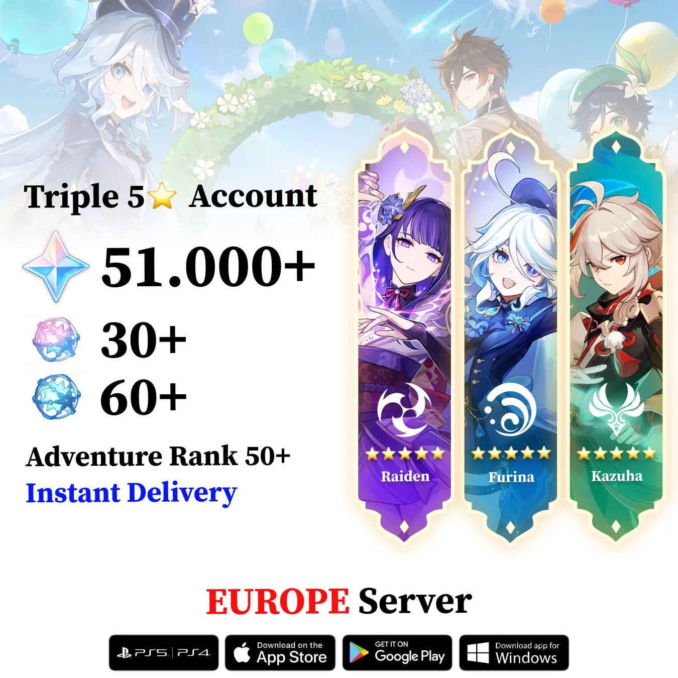 Triple 5 Star with 30.000 Primogems - Genshin Reroll Account [Europe] - Genshin Accounts