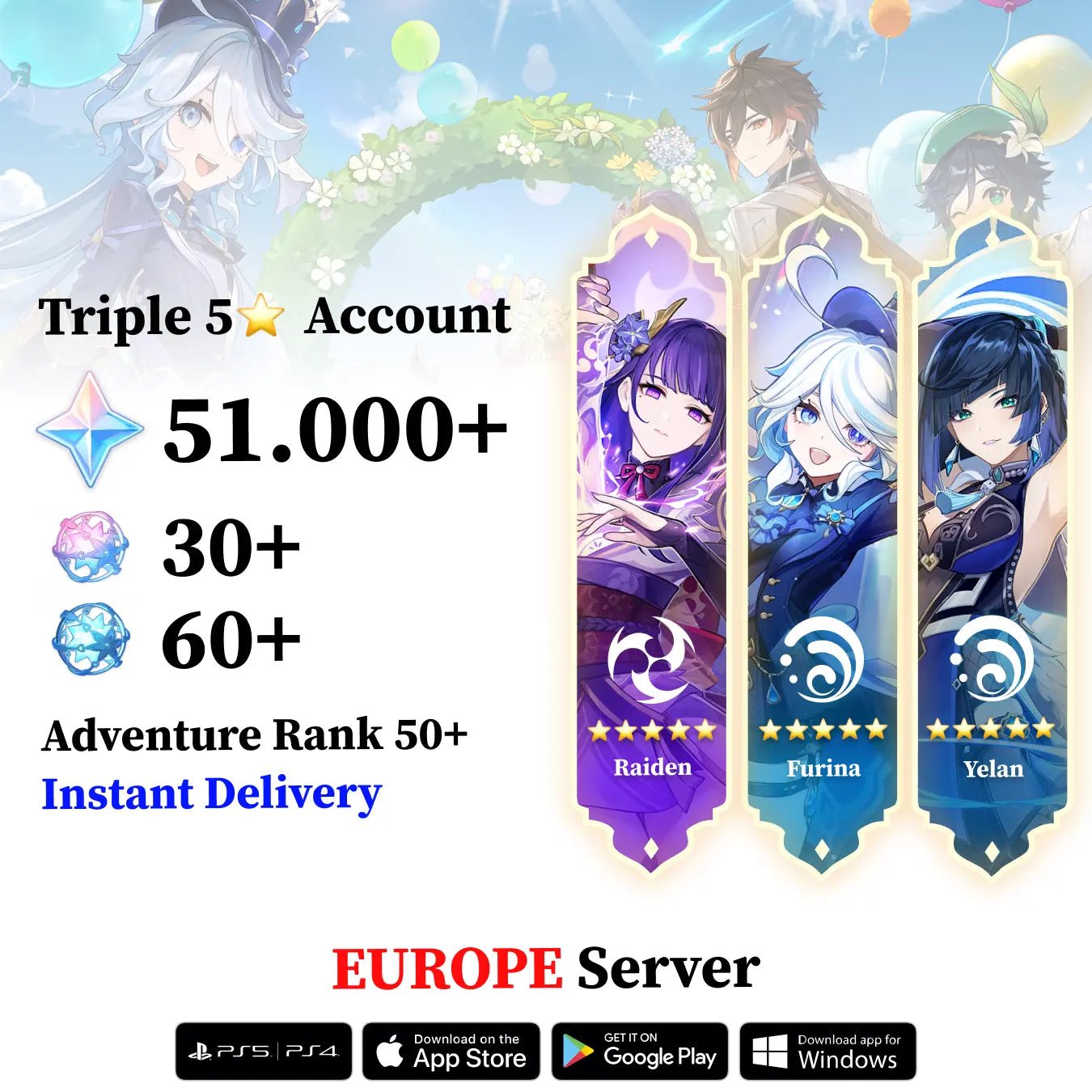 Triple 5 Star with 30.000 Primogems - Genshin Reroll Account [Europe] - Genshin Accounts