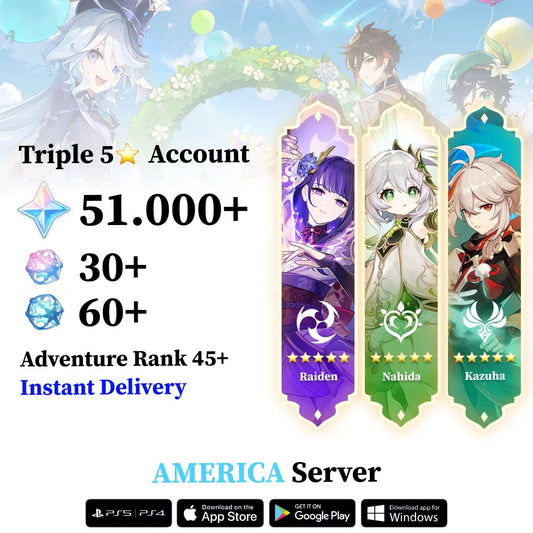 Triple 5 Star with 50.000 Primogems - Genshin Reroll Account [America] - Genshin Accounts