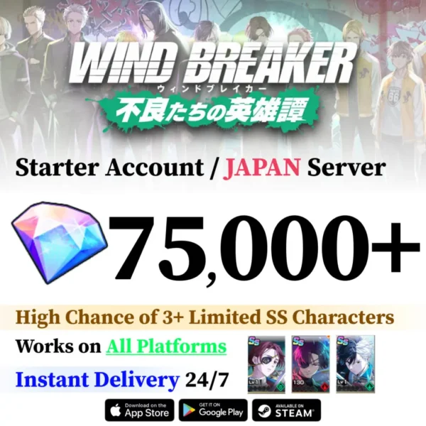 Wind Breaker Reroll Account, 20,000+ Gems, 1-3 SS+ Characters [Japan]