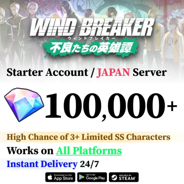 Wind Breaker Reroll Account, 100,000+ Gems, 3-8 SS+ Characters [Japan]